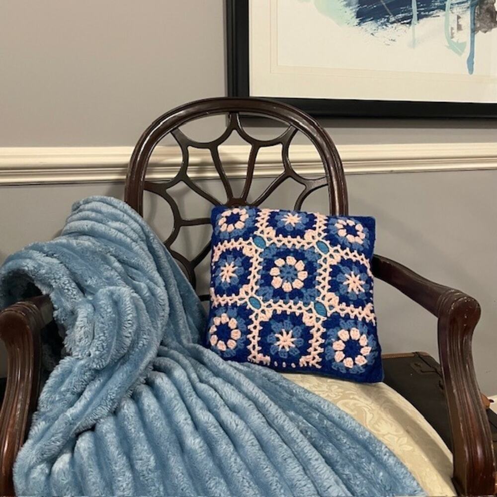 Handmade Blue Pink Pillow 14" Crochet Granny Square Boho Cozy Cottagecore 14"